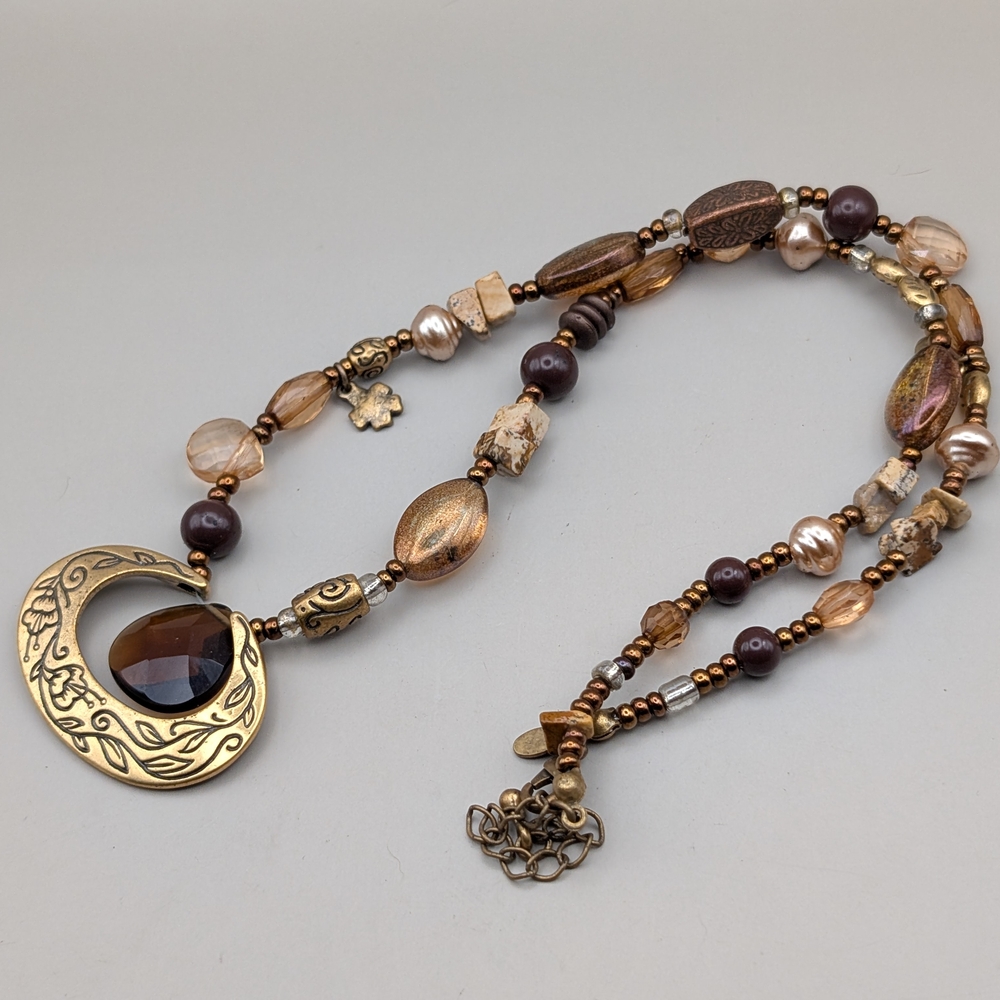Vintage Premier Designs Necklace Half Moon Pendant Brown Amber Beads